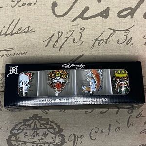 Ed Hardy Vintage Silver Buffalo Animals 4-Pack Mini Glass Set, 1.5 Ounces NIB
